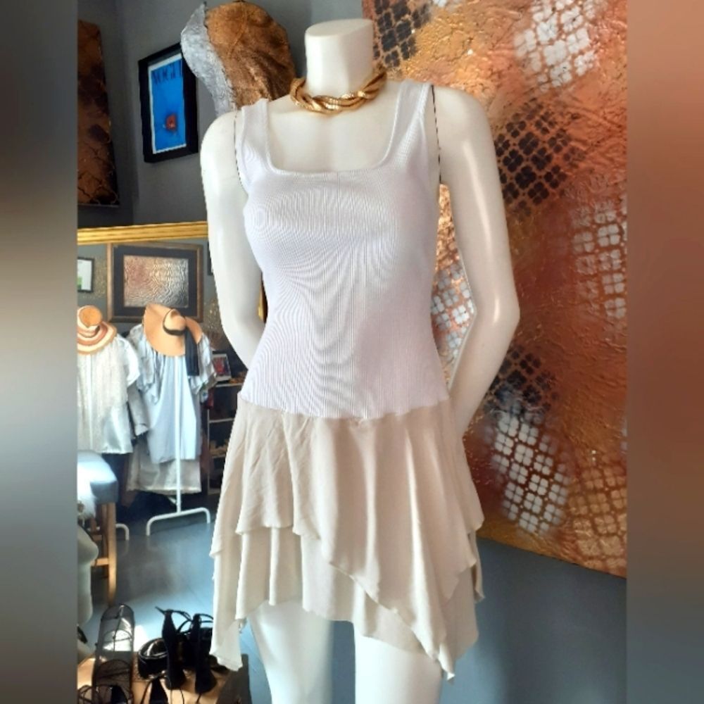 Zara Cotton Combination White and Cream Sleeveless Ruffled Mini Dress